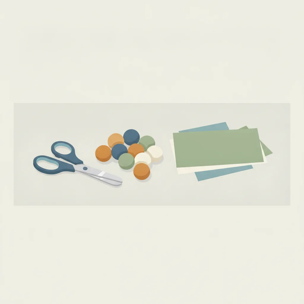 Illustration: coloured felt balls, safety scissors and sheets of craft paper on a table