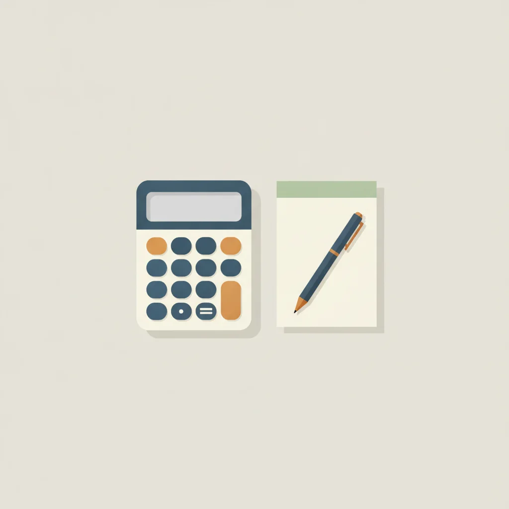 Illustration: a desk calculator with large keys next to a notepad and a pen
